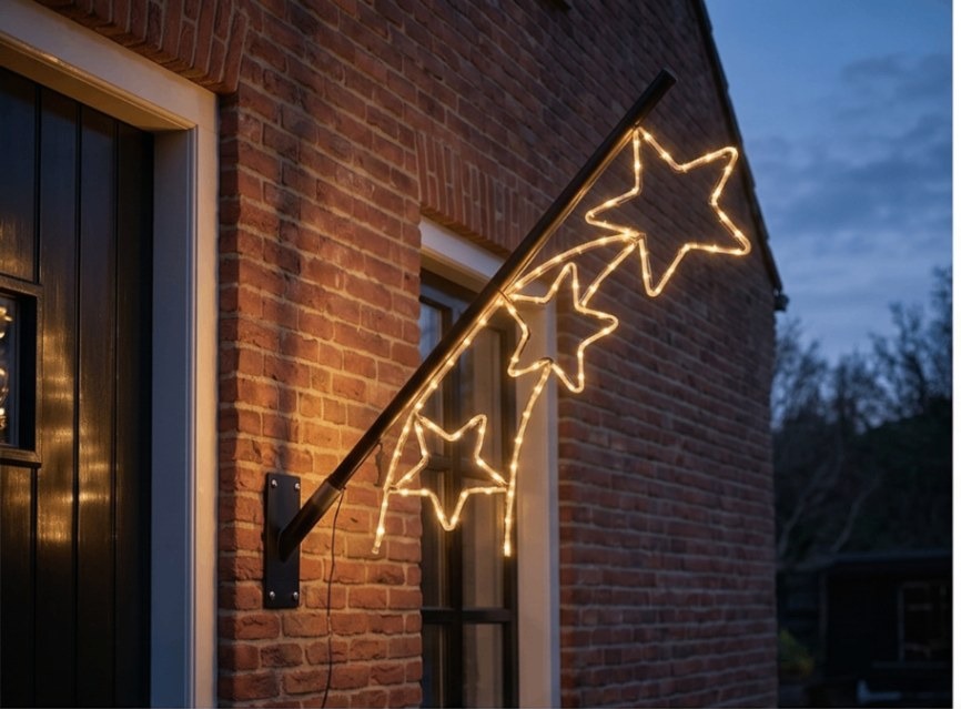 Twinkle Pole met vallende sterren bij een voordeur