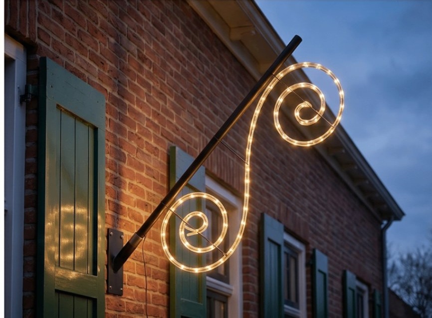 Twinkle Pole Curly Swirl bij groene luiken