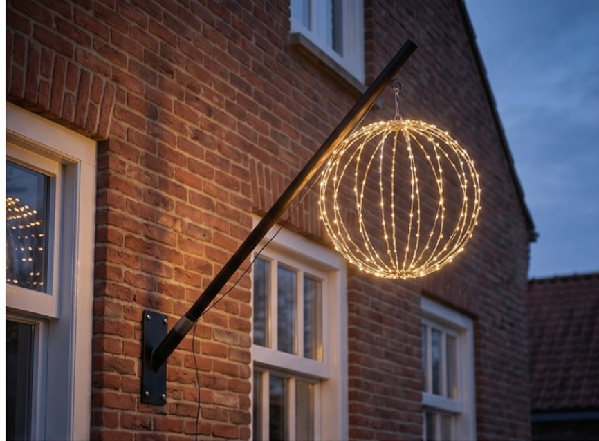 Verlichte bol Twinkle Pole aan een Hollandse woning