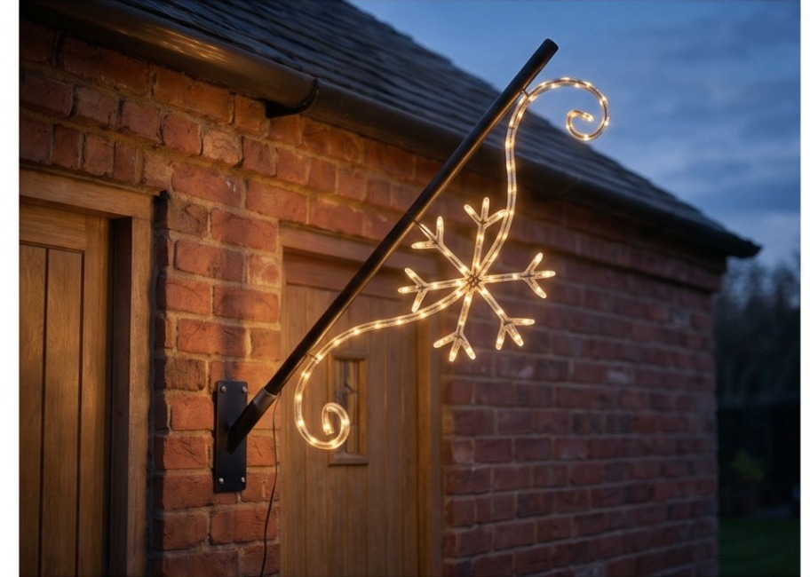 Twinkle Pole met sneeuwvlok-design op een bakstenen gevel